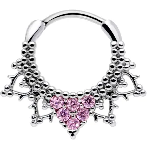 16 Gauge 3/8 Pink CZ Gem Triangle Ornate Septum Clicker