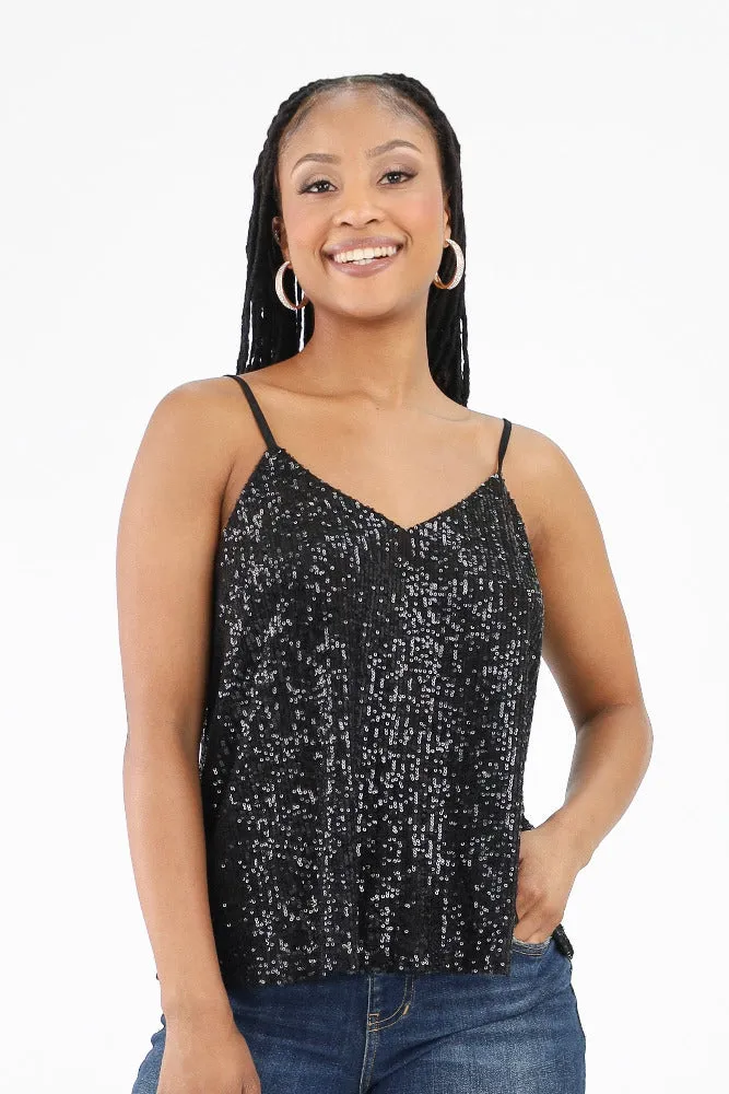 Adjustable Strap Sequin Tank Top - Ivory