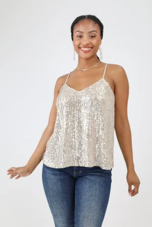 Adjustable Strap Sequin Tank Top - Ivory