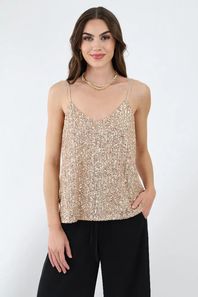 Adjustable Strap Sequin Tank Top - Ivory