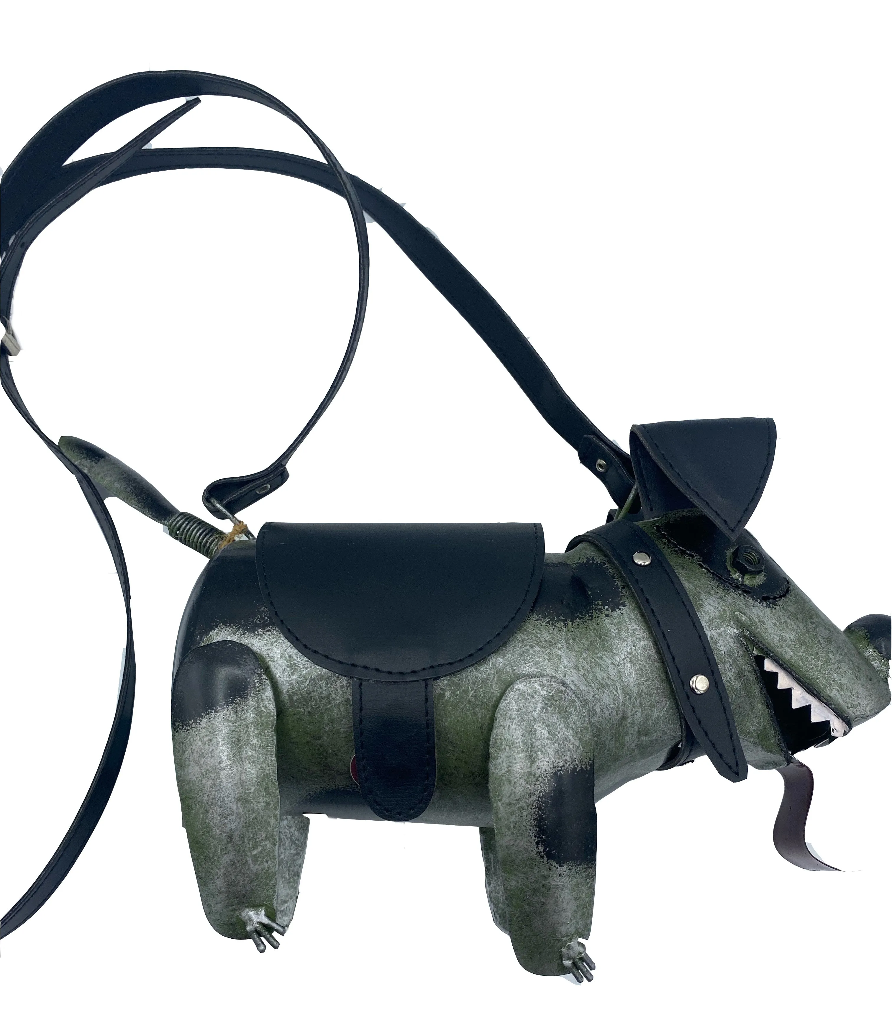 Art to Wear Handcrafted Metal Dog Purse "Spike" in Green   Black
