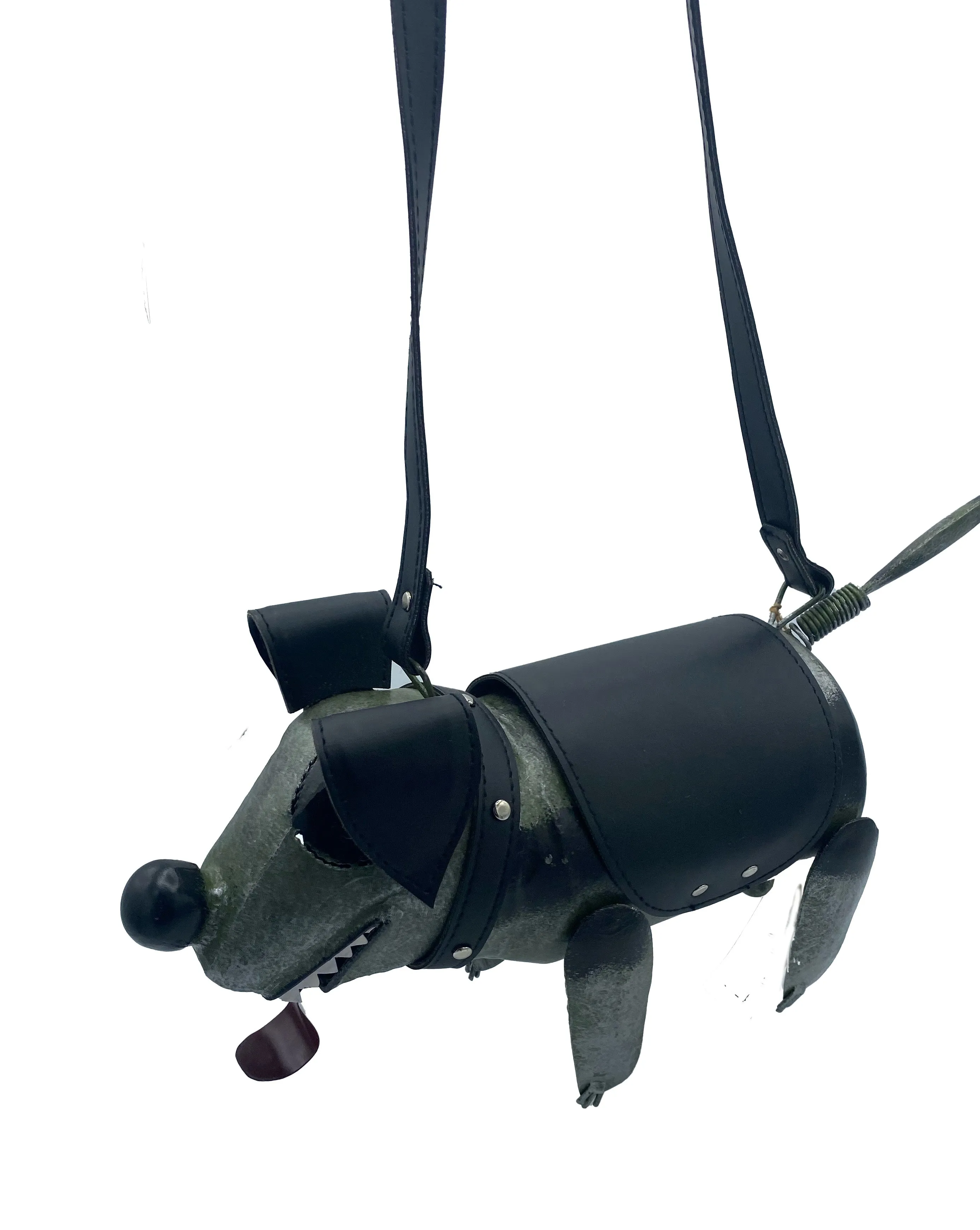 Art to Wear Handcrafted Metal Dog Purse "Spike" in Green   Black