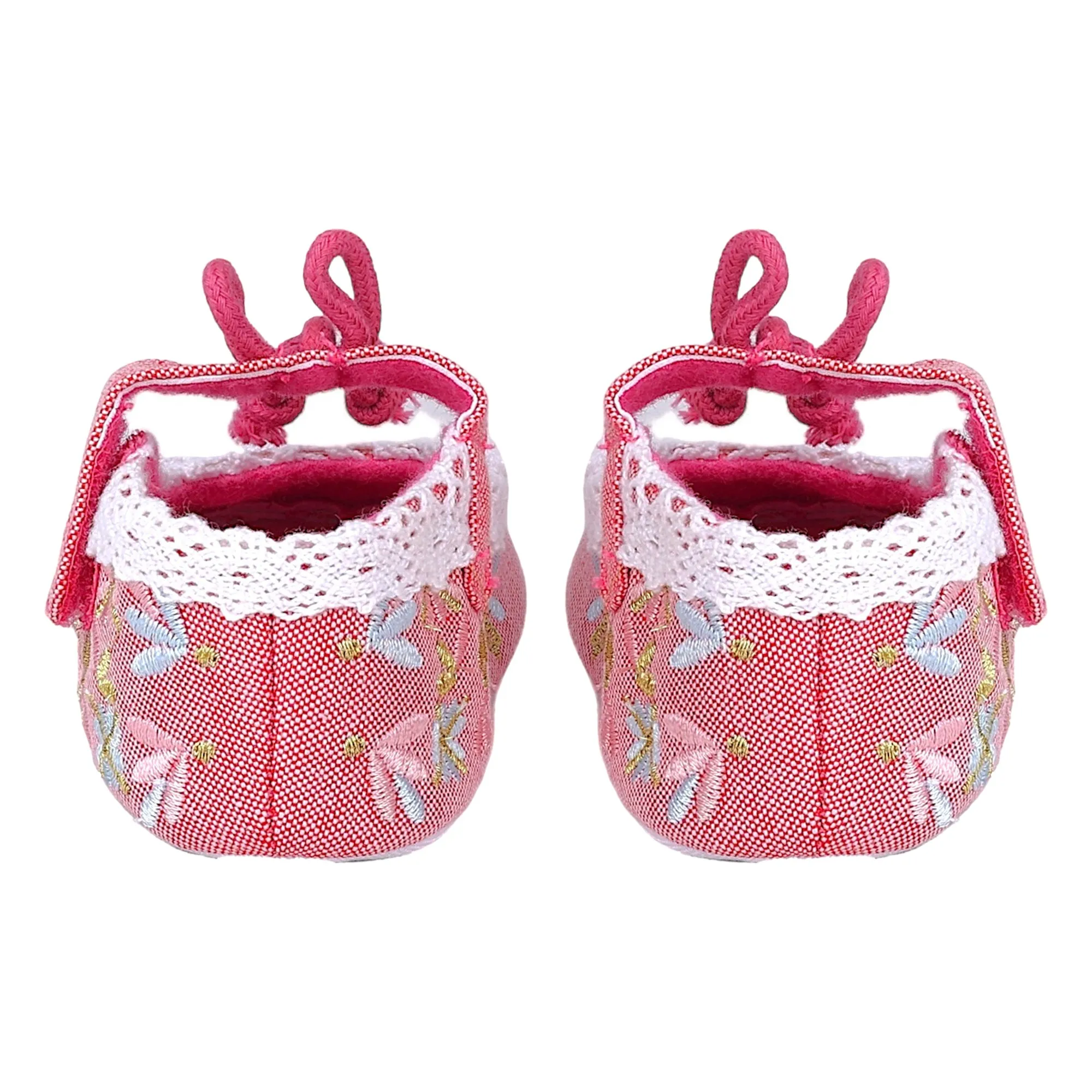 Baby Moo Fancy Floral Embroidered Velcro Straps Anti-Skid Booties - Peach