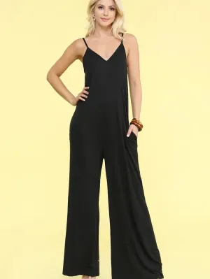 Black Loose Fit Spaghetti Strap Jumpsuit w/ Pockets