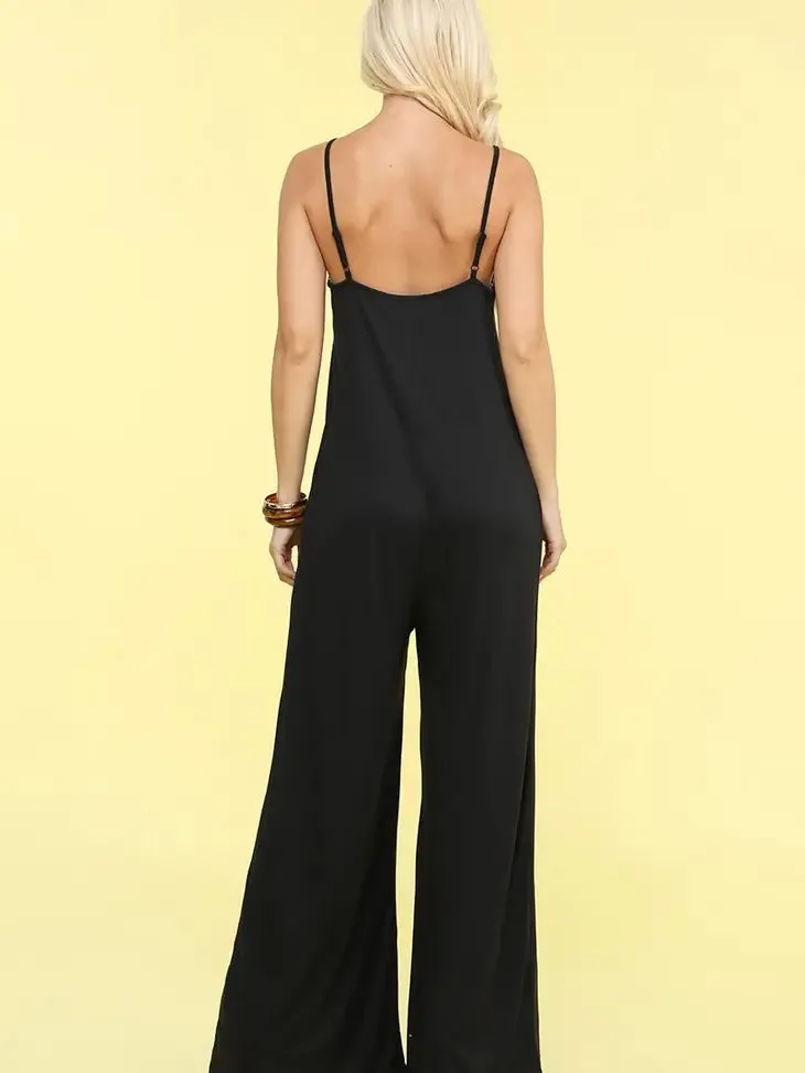 Black Loose Fit Spaghetti Strap Jumpsuit w/ Pockets