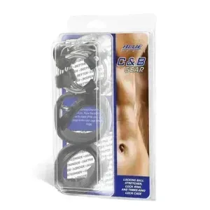 Blue Line Locking Ball Stretcher, Cock Ring, And Three-Ring Cock Cage