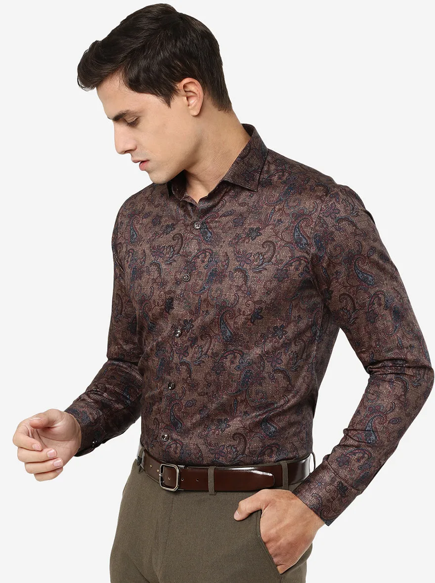 Brown Printed Slim Fit Party Wear Shirt | JB Studio
