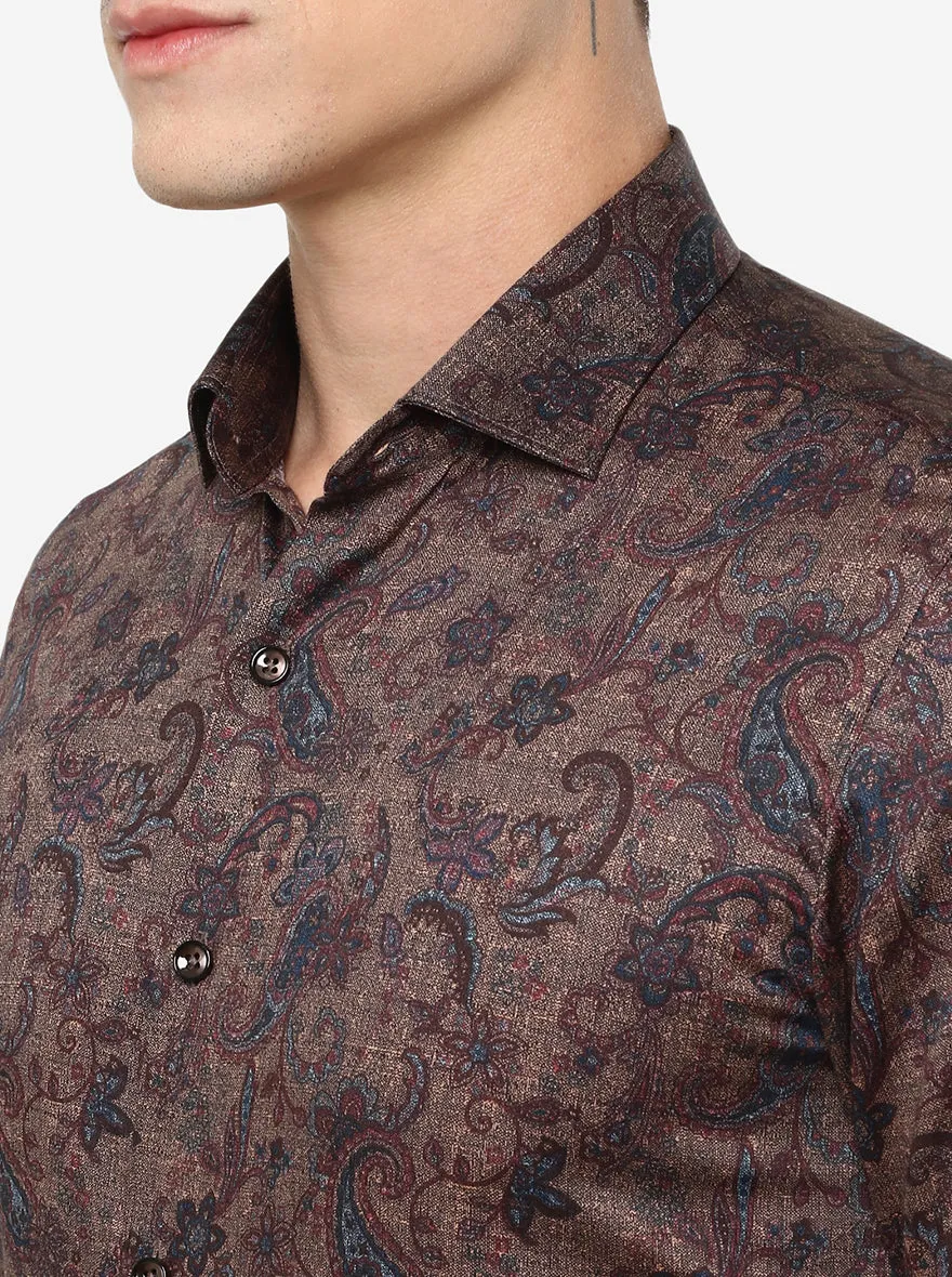 Brown Printed Slim Fit Party Wear Shirt | JB Studio