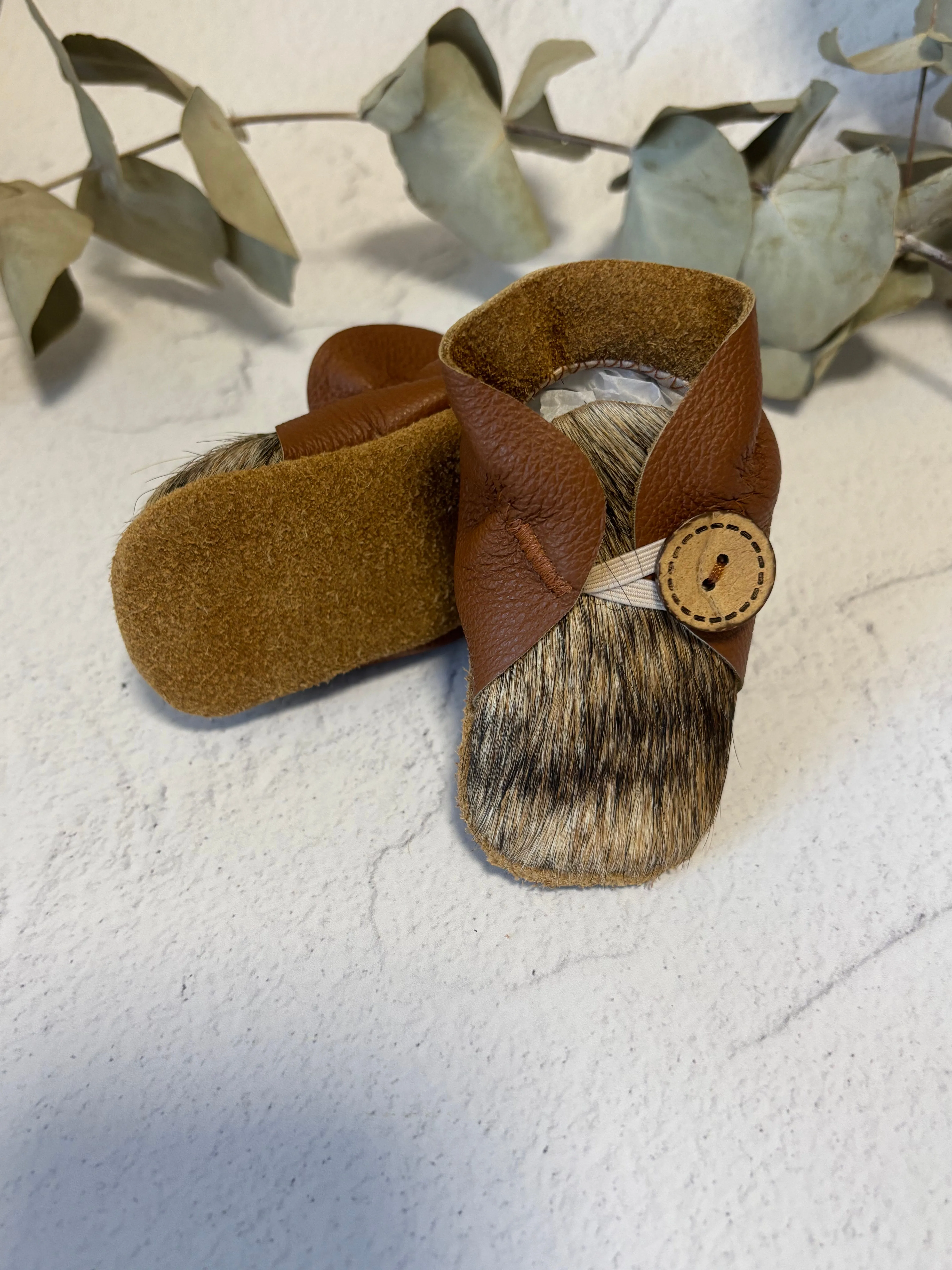 Button Bootie - Tan Leather and Cowhide