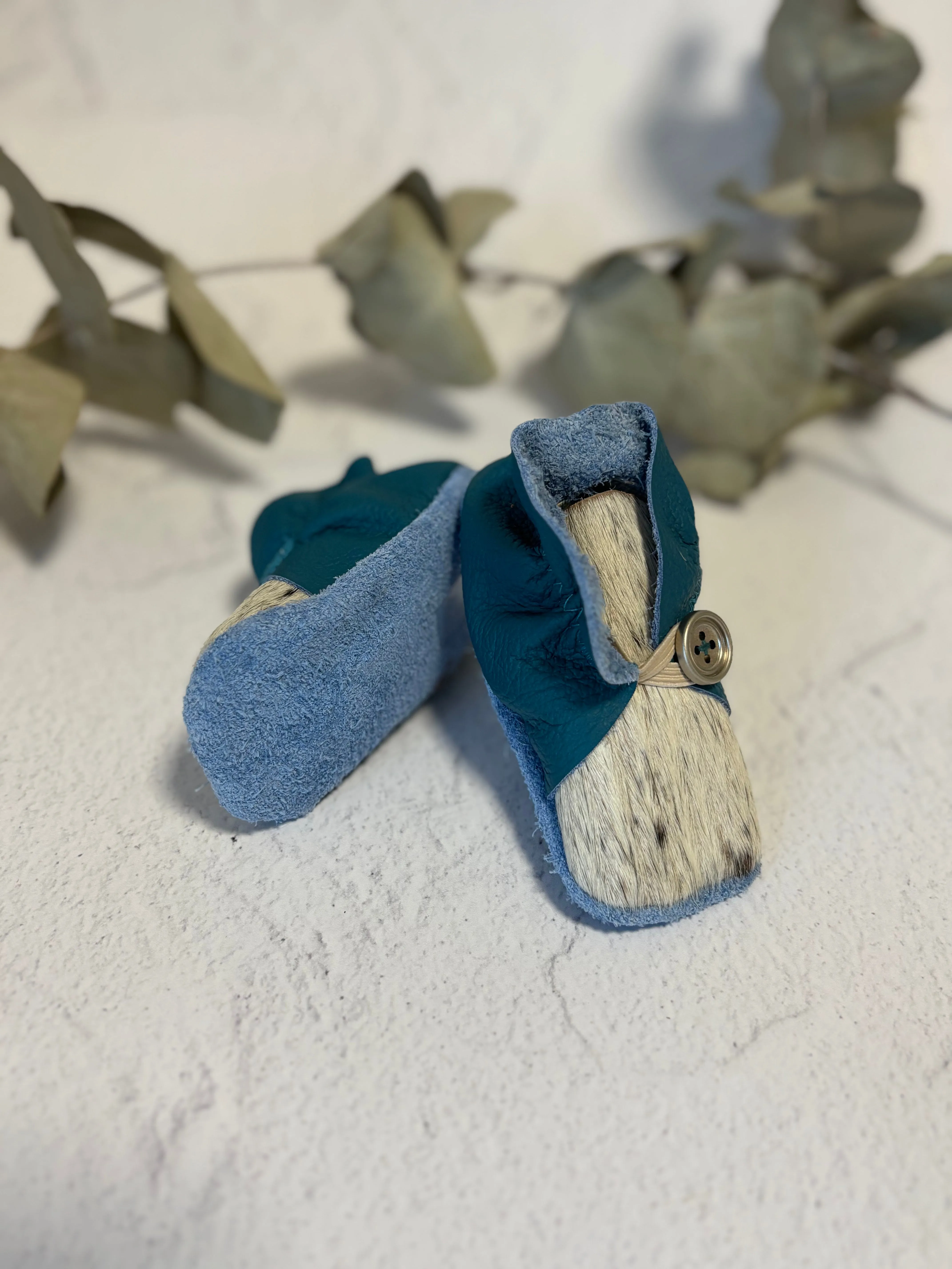 Button Bootie - Turquoise Leather and Cowhide