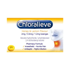 Chloralieve Sore throat Honey & lemon2mg / 0.6mg / 1.2mg lozenges 24s