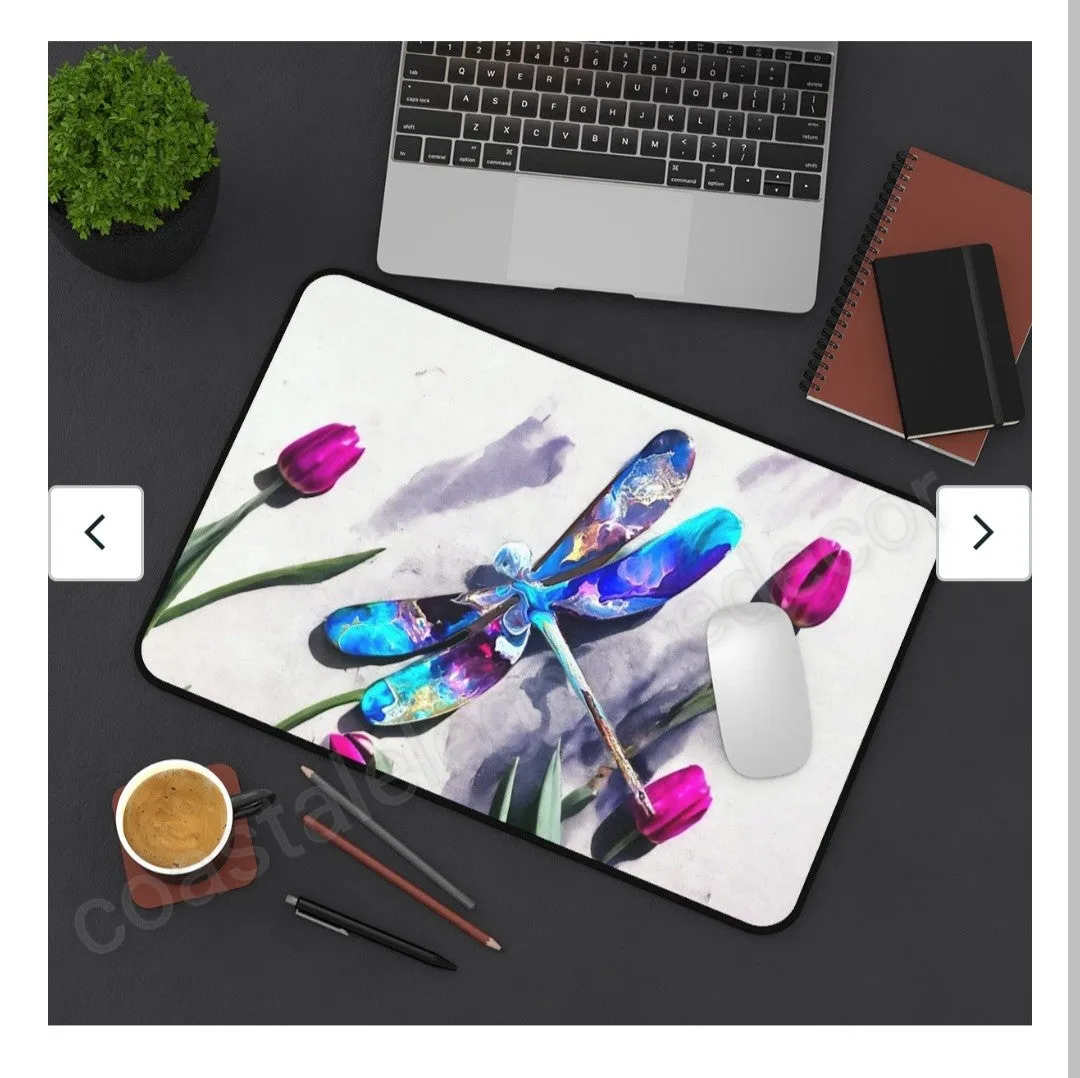 Colorful Dragonfly with Pink Roses Desk Mat 2 Sizes