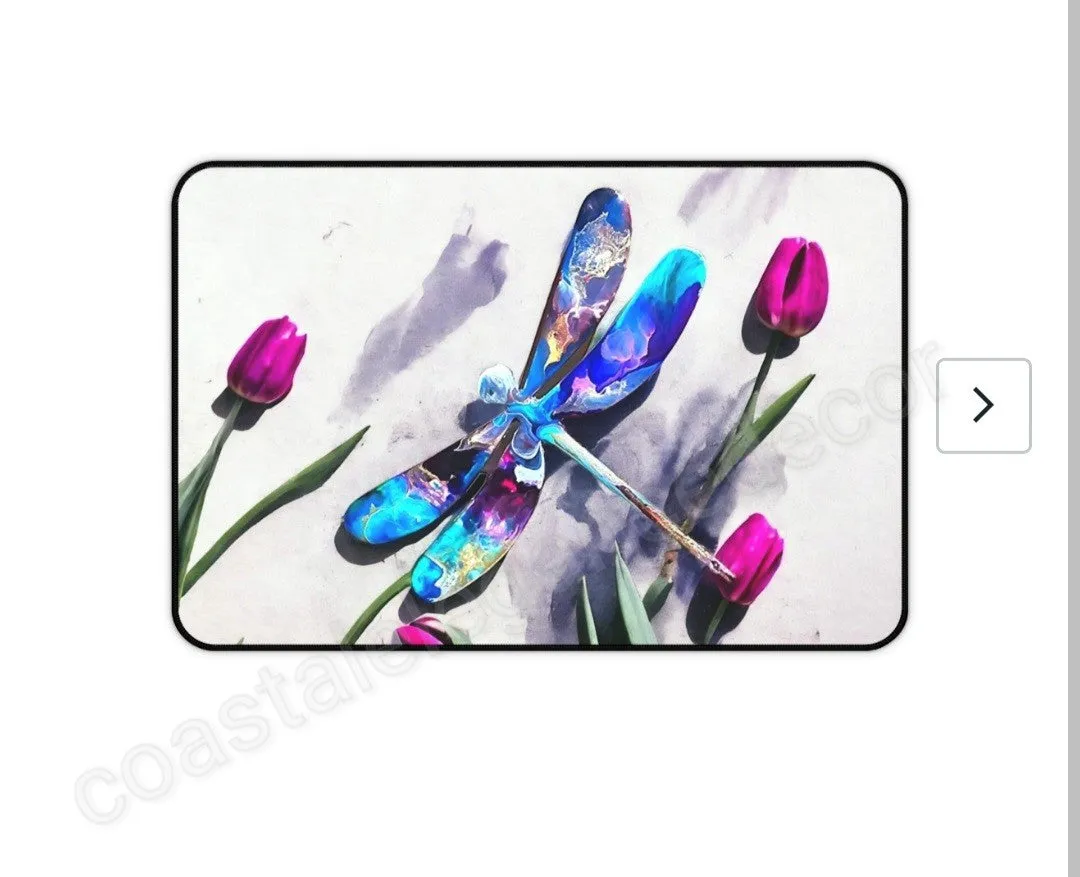 Colorful Dragonfly with Pink Roses Desk Mat 2 Sizes