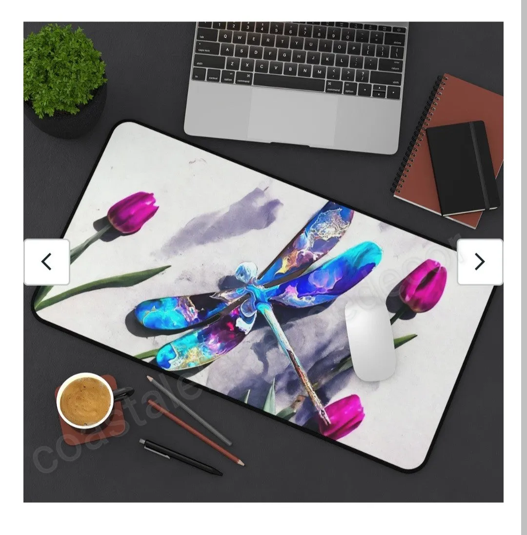 Colorful Dragonfly with Pink Roses Desk Mat 2 Sizes