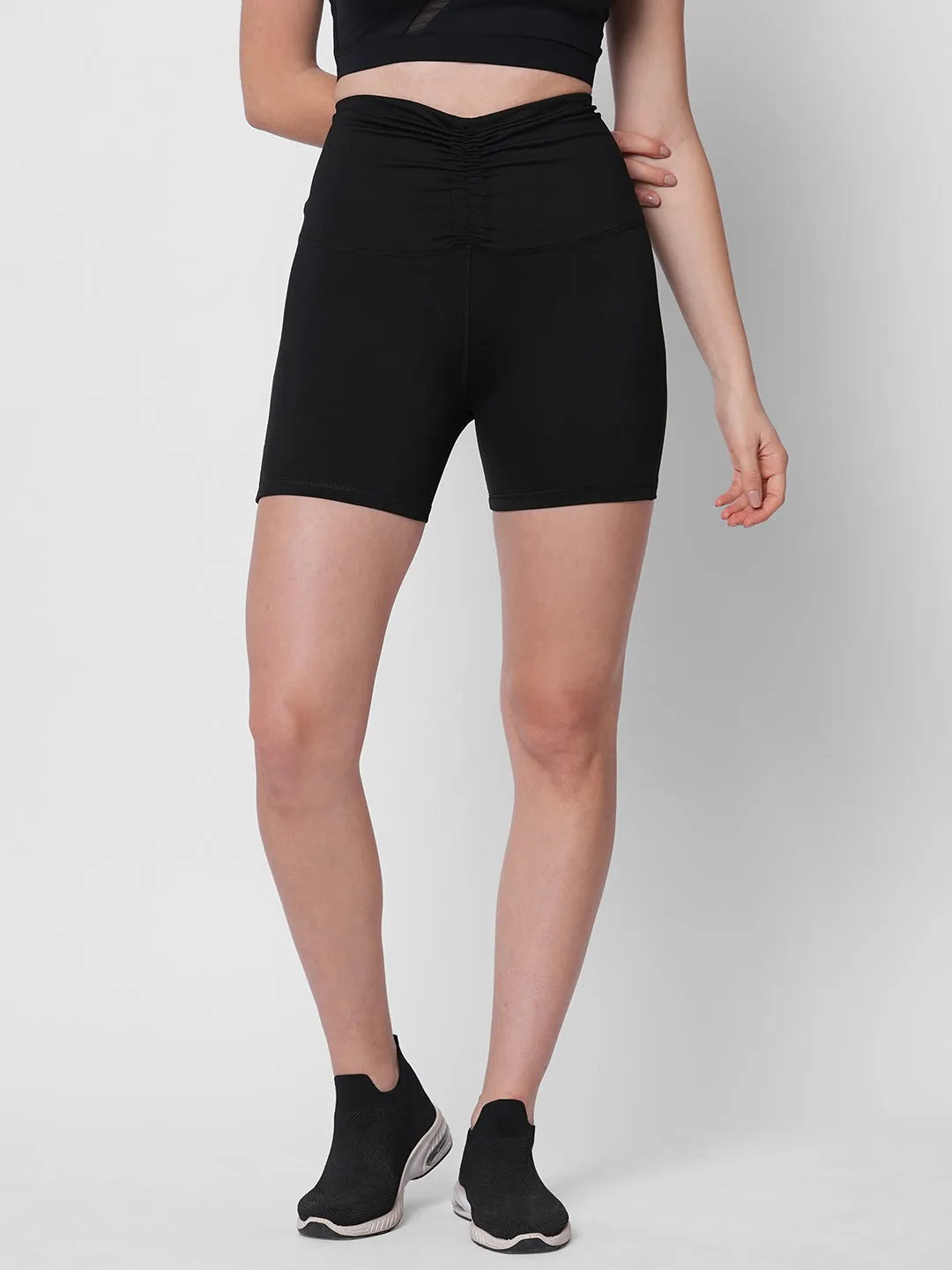 Fitkin women black front ruched waistband cycling shorts