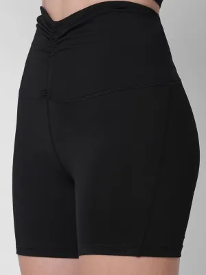 Fitkin women black front ruched waistband cycling shorts