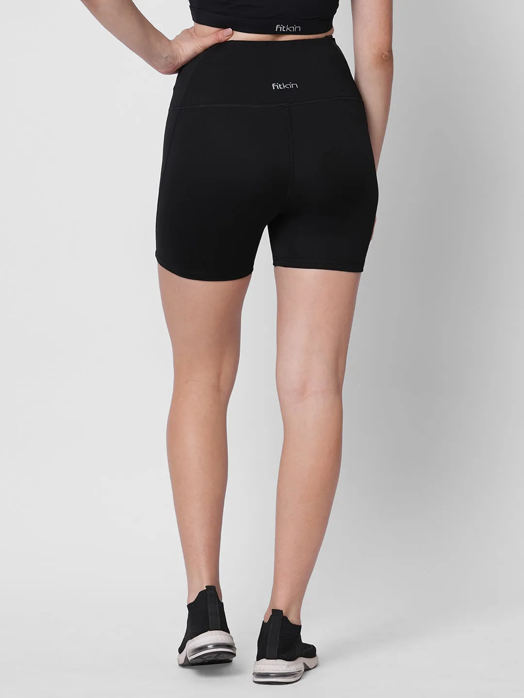 Fitkin women black front ruched waistband cycling shorts