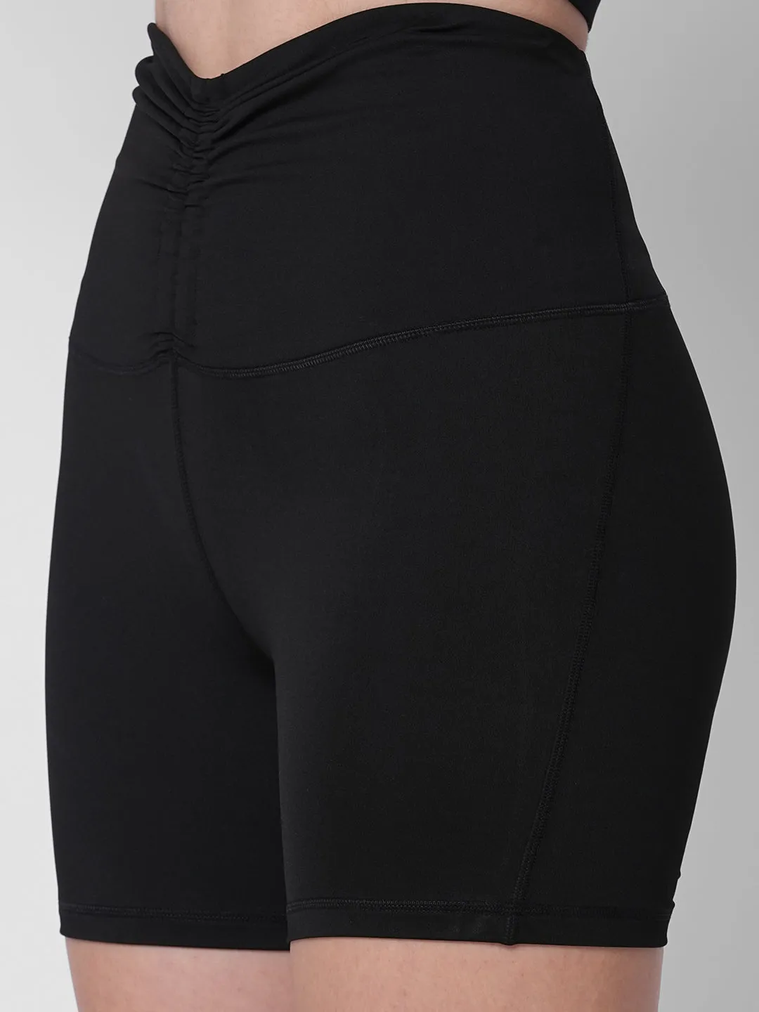 Fitkin women black front ruched waistband cycling shorts