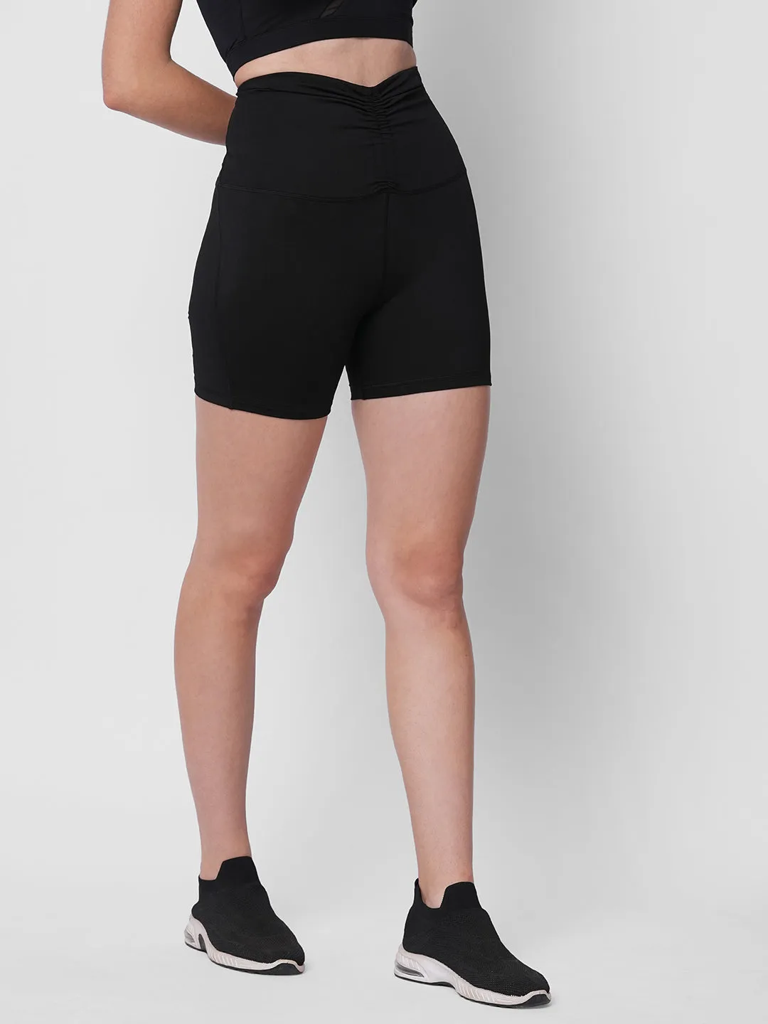 Fitkin women black front ruched waistband cycling shorts