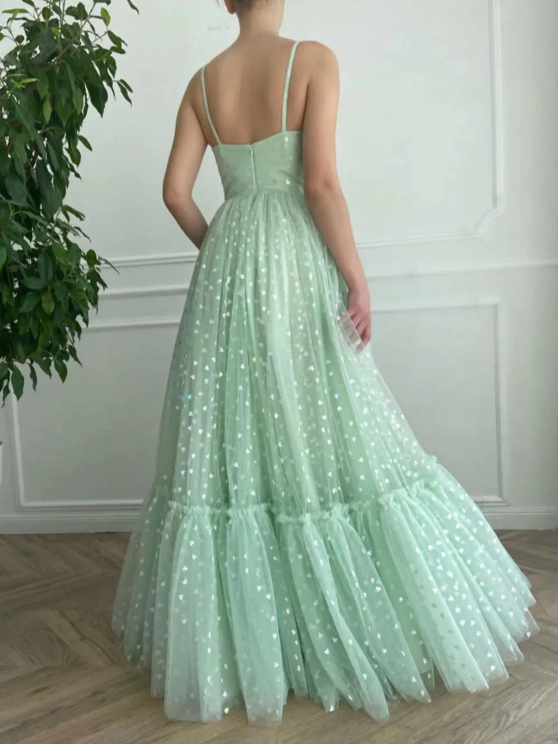 Green A line tulle long prom dress, green tulle evening dress