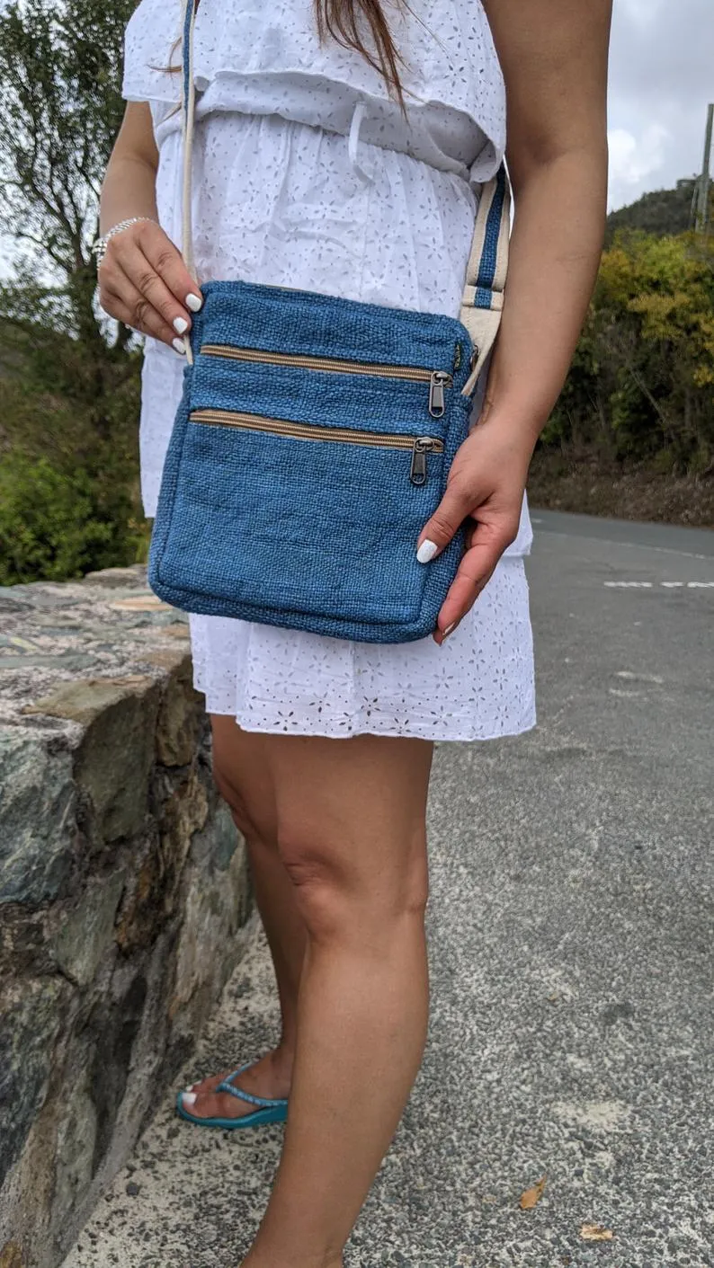 Handmade 100% Pure Hemp Cross Carry Bag - Blue - HMPHBCC4