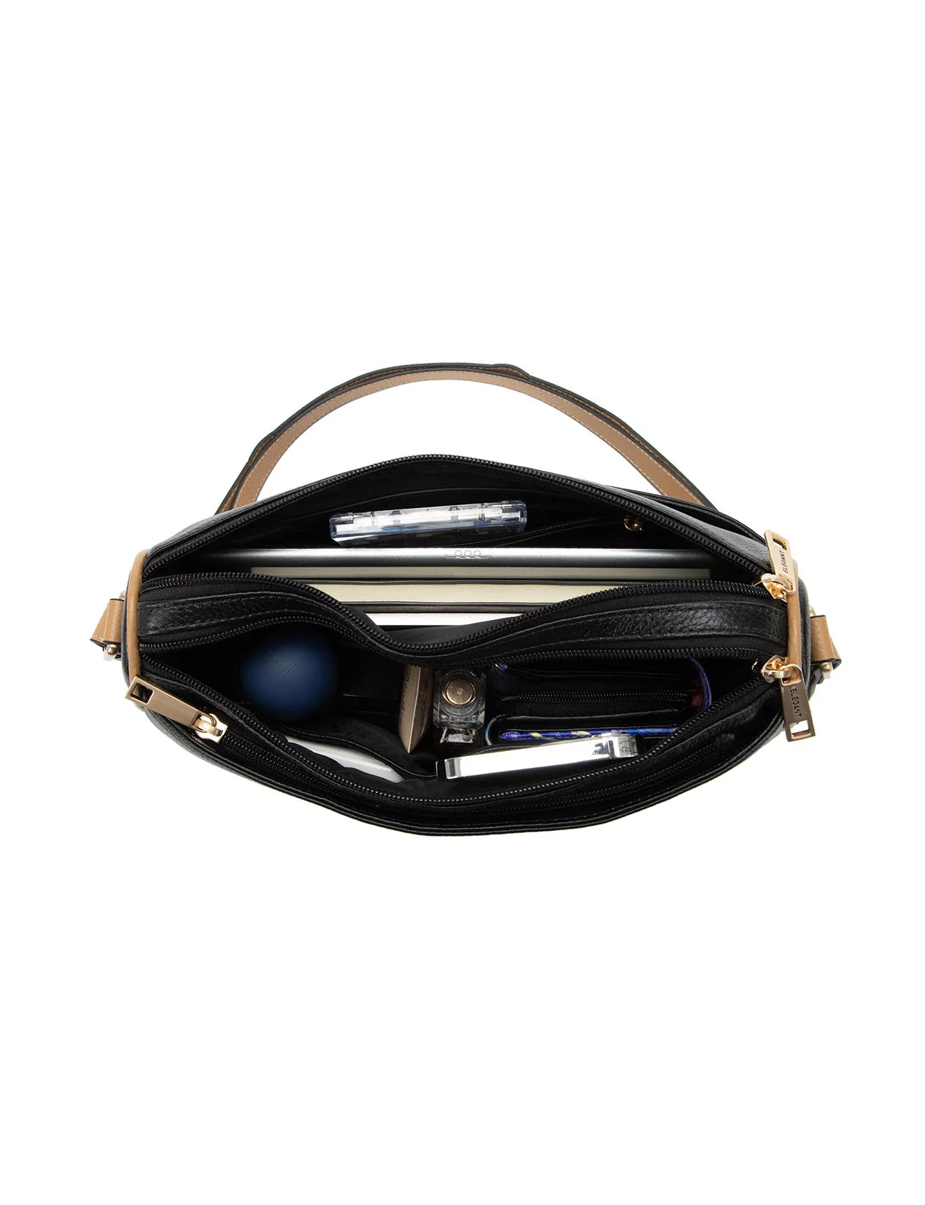 KATRINA MULTI COMPARTMENT LEATHER XBODY BAG- E1-0835-BLK/CAM