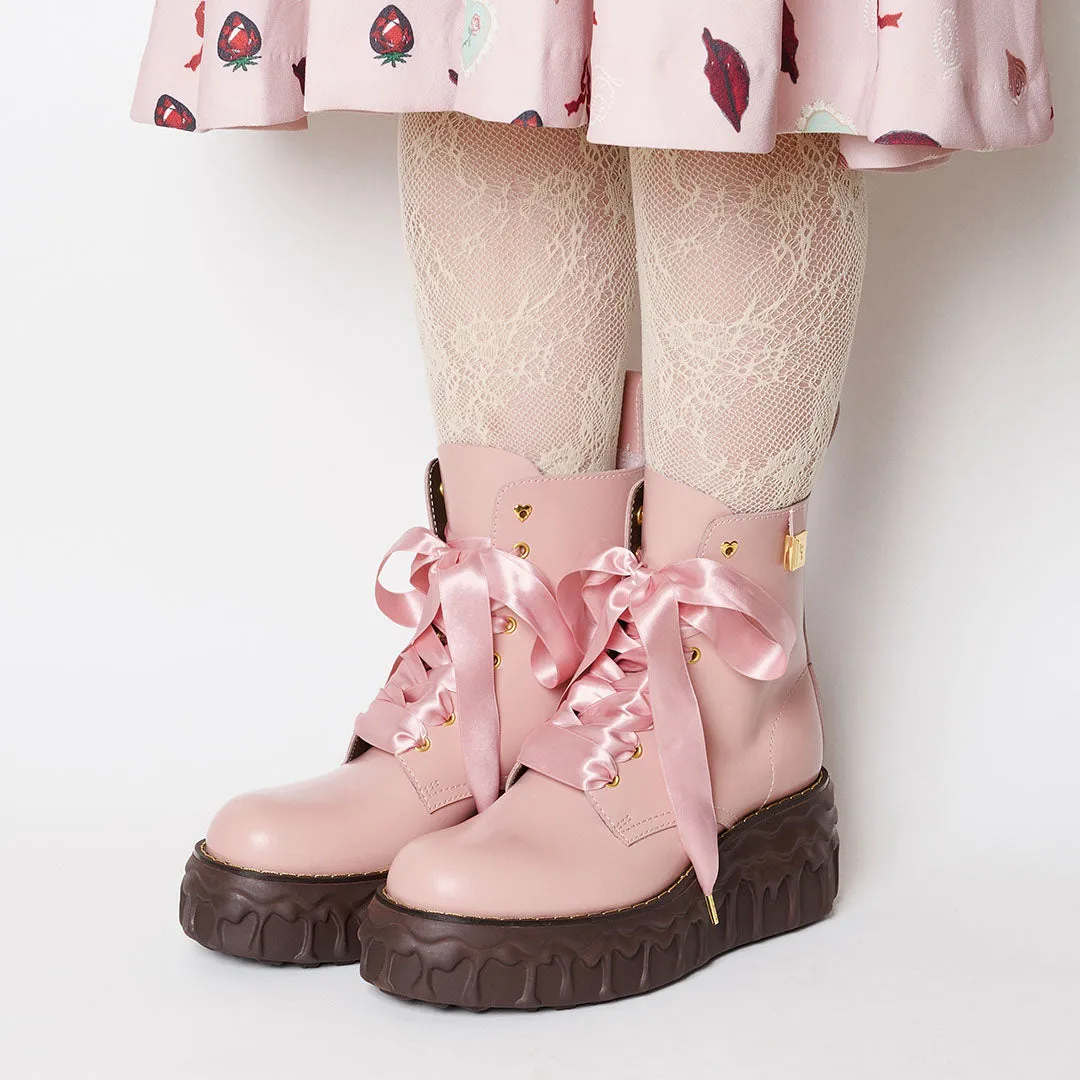 Melting Chocolate Satin Ribbon Lace Up Leather Boots (Pale Pink)【Japan Jewelry】