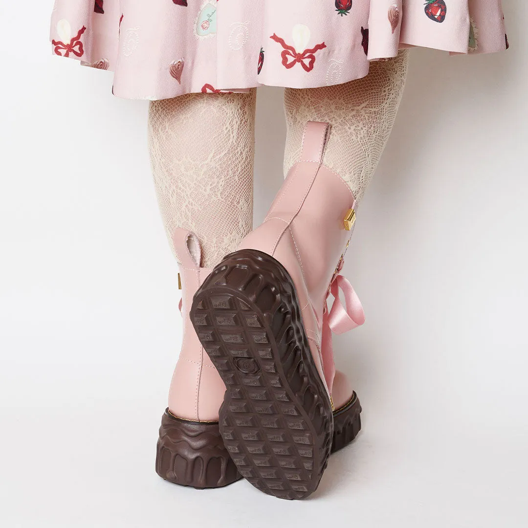 Melting Chocolate Satin Ribbon Lace Up Leather Boots (Pale Pink)【Japan Jewelry】