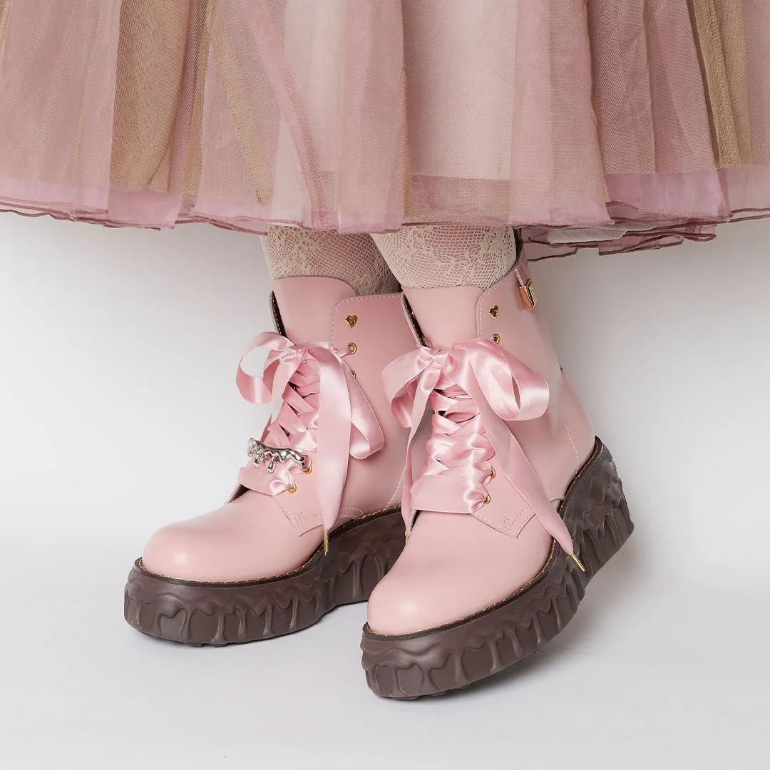 Melting Chocolate Satin Ribbon Lace Up Leather Boots (Pale Pink)【Japan Jewelry】