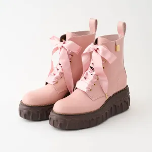 Melting Chocolate Satin Ribbon Lace Up Leather Boots (Pale Pink)【Japan Jewelry】