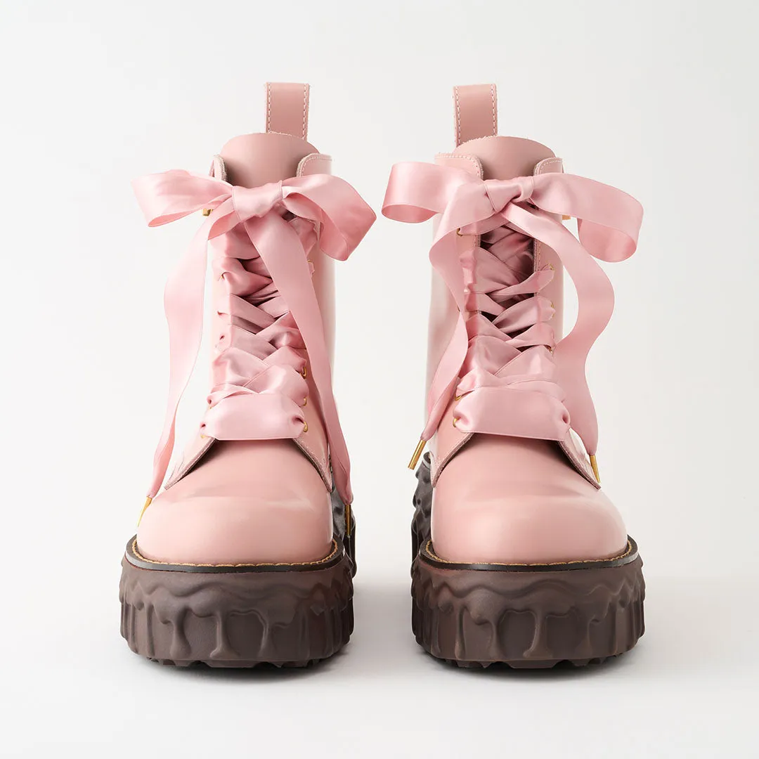 Melting Chocolate Satin Ribbon Lace Up Leather Boots (Pale Pink)【Japan Jewelry】