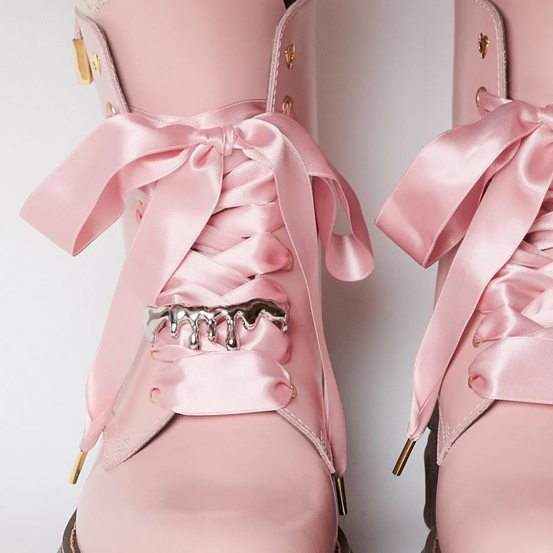 Melting Chocolate Satin Ribbon Lace Up Leather Boots (Pale Pink)【Japan Jewelry】