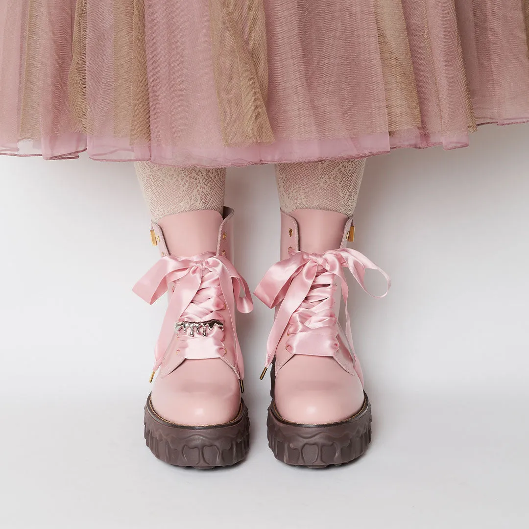 Melting Chocolate Satin Ribbon Lace Up Leather Boots (Pale Pink)【Japan Jewelry】