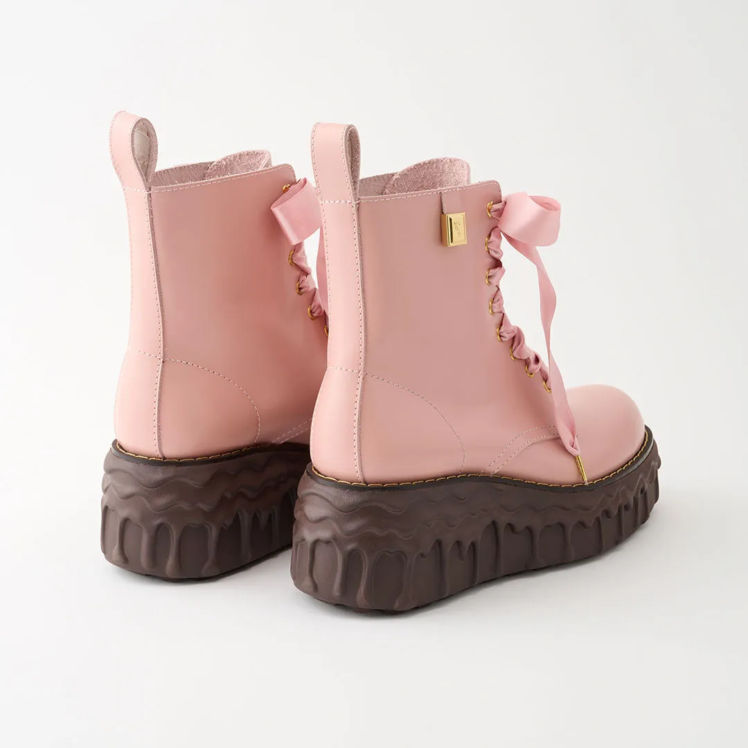 Melting Chocolate Satin Ribbon Lace Up Leather Boots (Pale Pink)【Japan Jewelry】