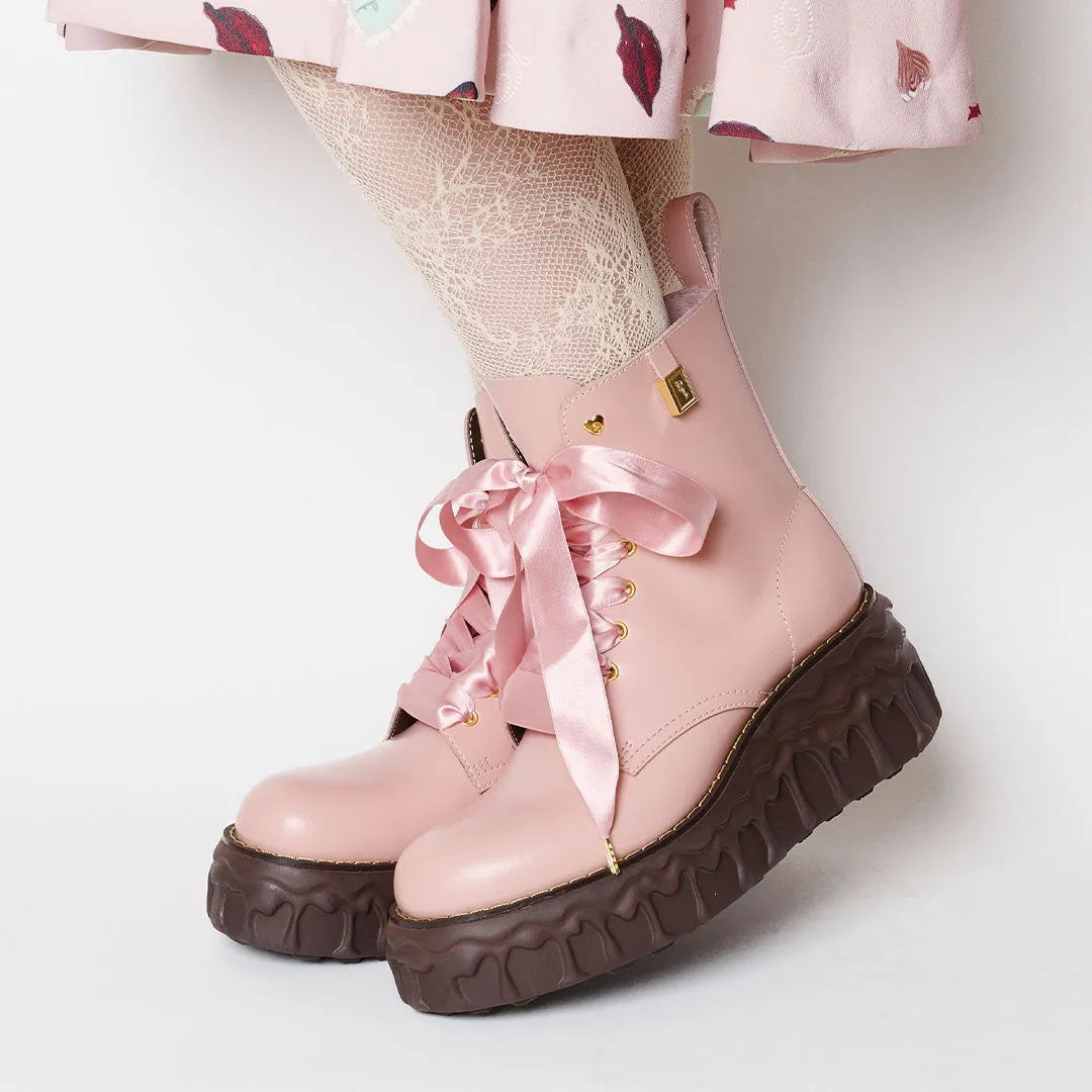 Melting Chocolate Satin Ribbon Lace Up Leather Boots (Pale Pink)【Japan Jewelry】