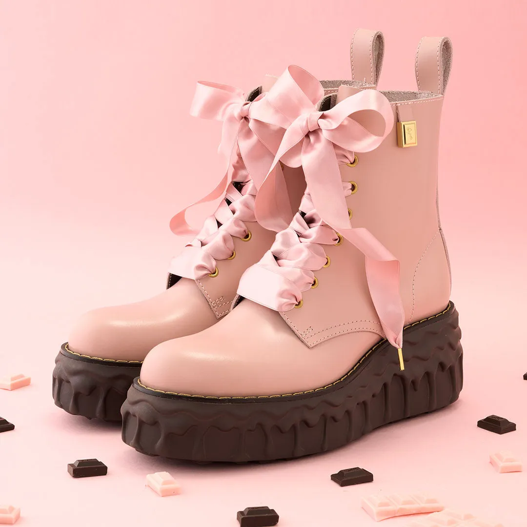 Melting Chocolate Satin Ribbon Lace Up Leather Boots (Pale Pink)【Japan Jewelry】