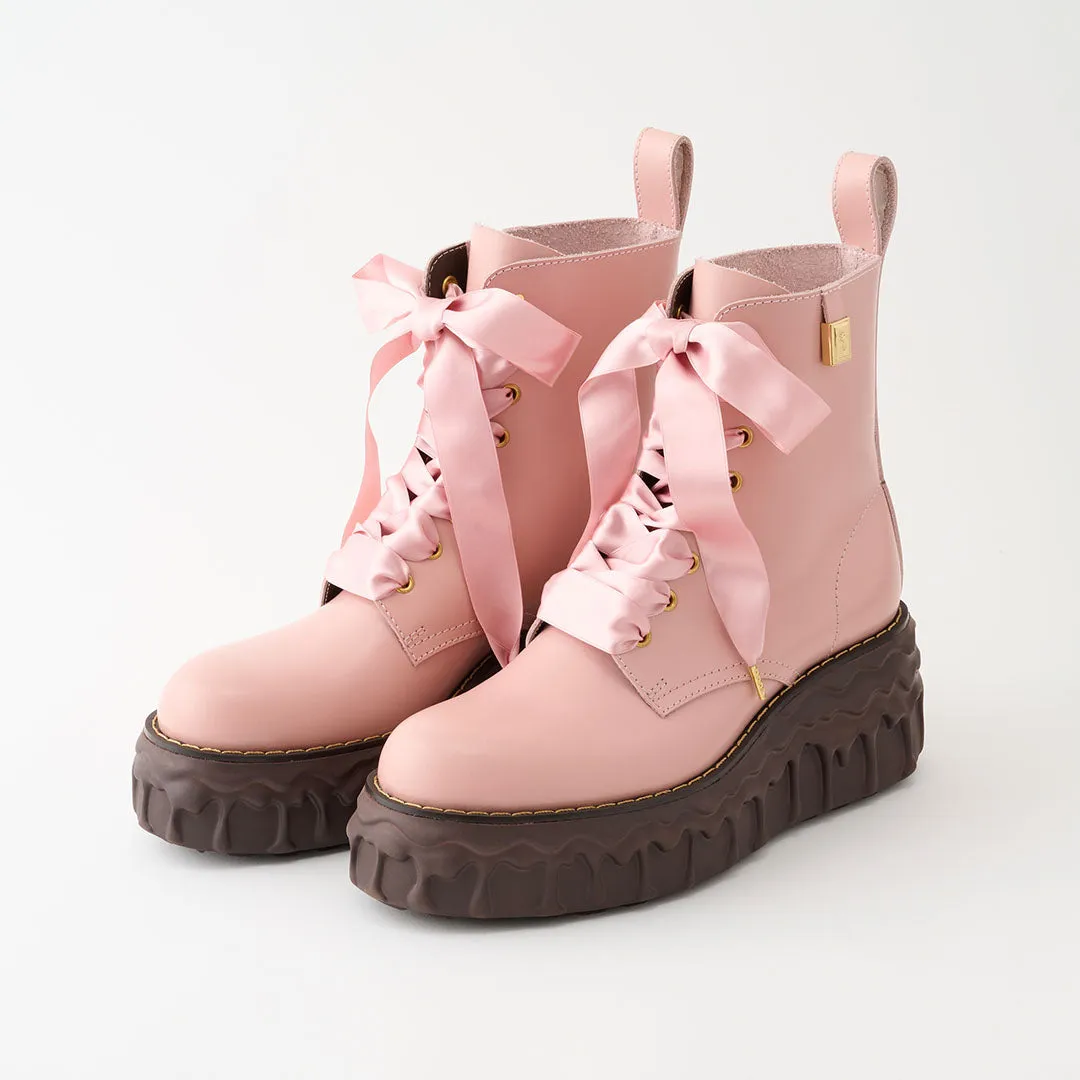 Melting Chocolate Satin Ribbon Lace Up Leather Boots (Pale Pink)【Japan Jewelry】
