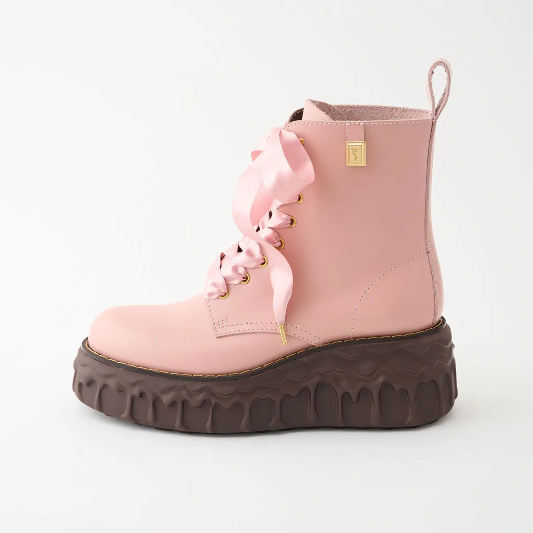 Melting Chocolate Satin Ribbon Lace Up Leather Boots (Pale Pink)【Japan Jewelry】