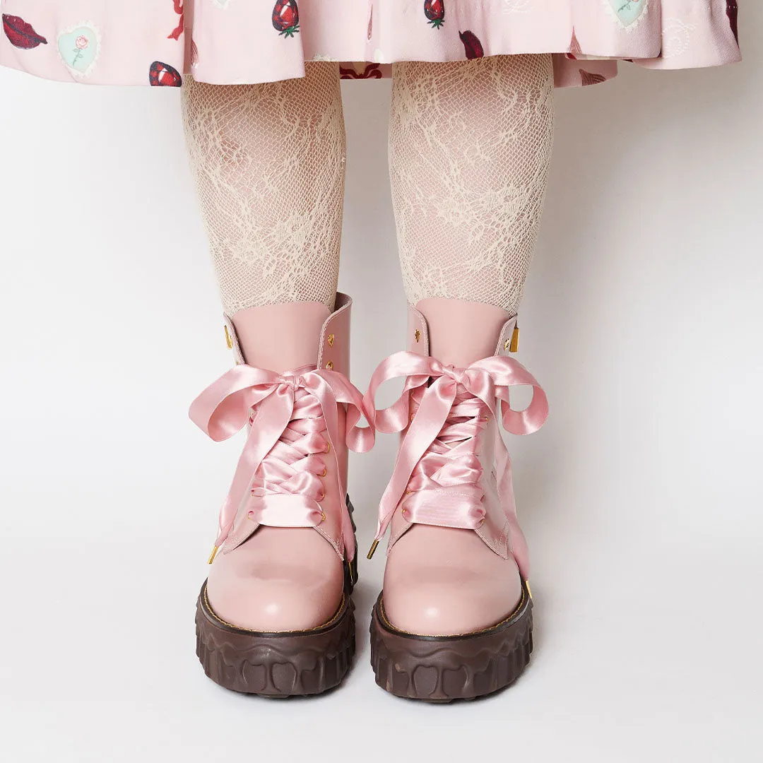 Melting Chocolate Satin Ribbon Lace Up Leather Boots (Pale Pink)【Japan Jewelry】