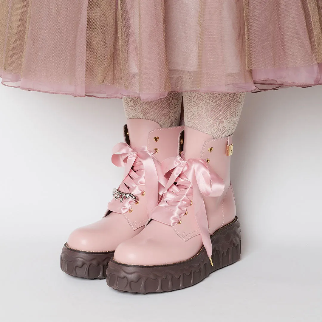 Melting Chocolate Satin Ribbon Lace Up Leather Boots (Pale Pink)【Japan Jewelry】