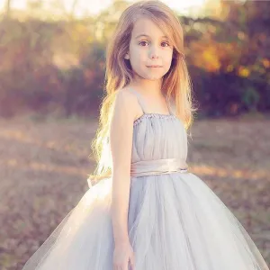 New Tulle Gray Cute straps Long Bridesmaid Flower Girl Dresses With Belt, FGY0126