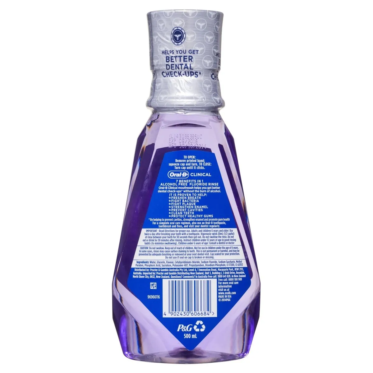 Oral-B Clinical Alcohol Free Flouride Rinse Mouthwash Clean Mint 500mL