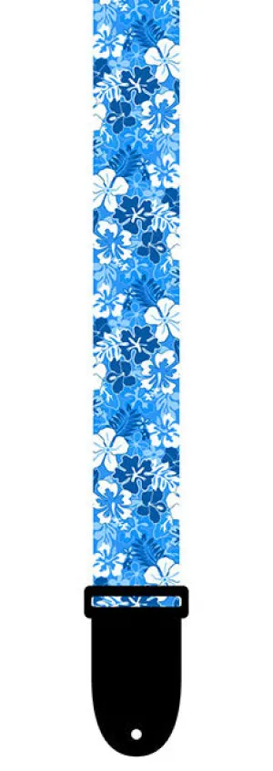 Perris 1.5" Polyester Ukulele Strap in Blue & White Luau design with Leather ends