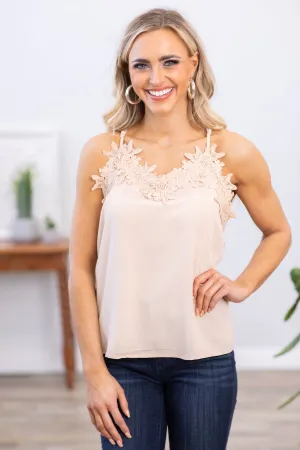 Tan Lace Trim Adjustable Strap Tank