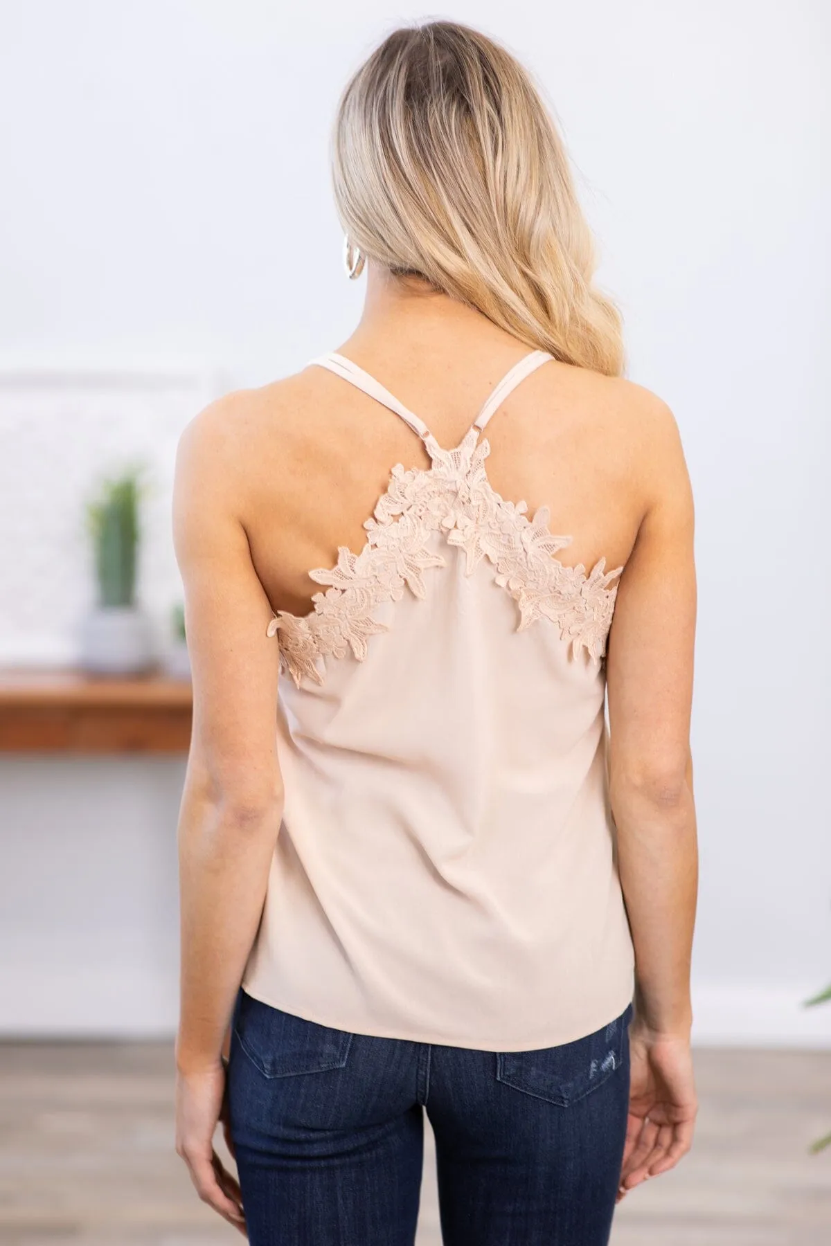 Tan Lace Trim Adjustable Strap Tank