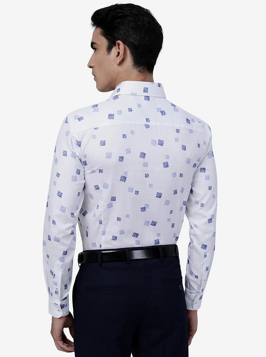 White & Blue Printed Slim Fit Formal Shirt | Metal