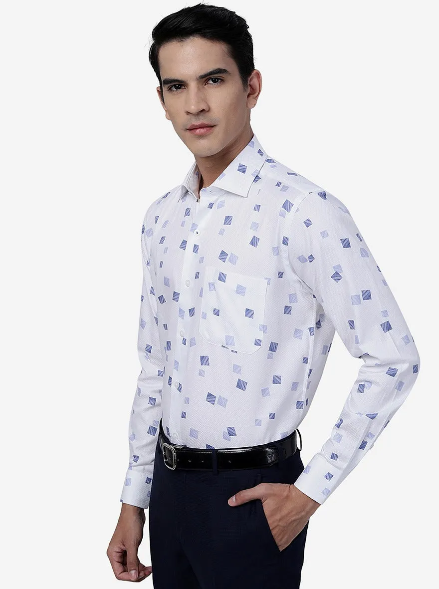 White & Blue Printed Slim Fit Formal Shirt | Metal
