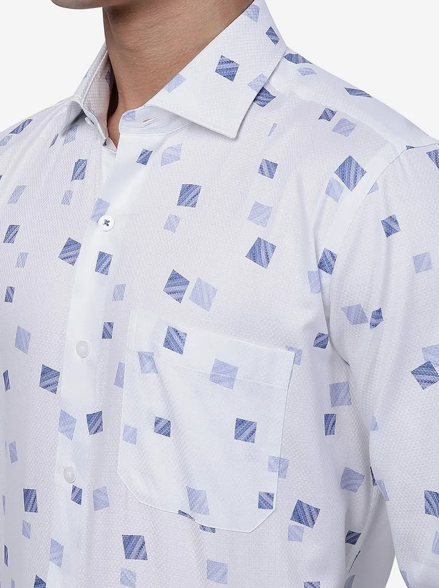 White & Blue Printed Slim Fit Formal Shirt | Metal