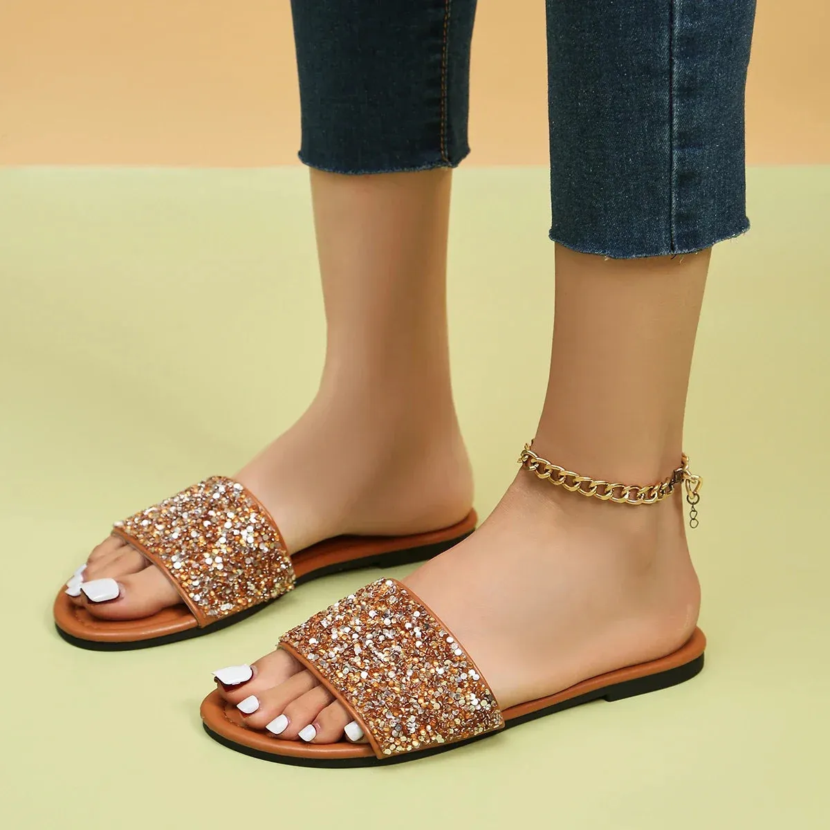 Women's New Round Head Luxury Water Diamond Women's Shoes Anti Slip PU Beach Dress Slippers