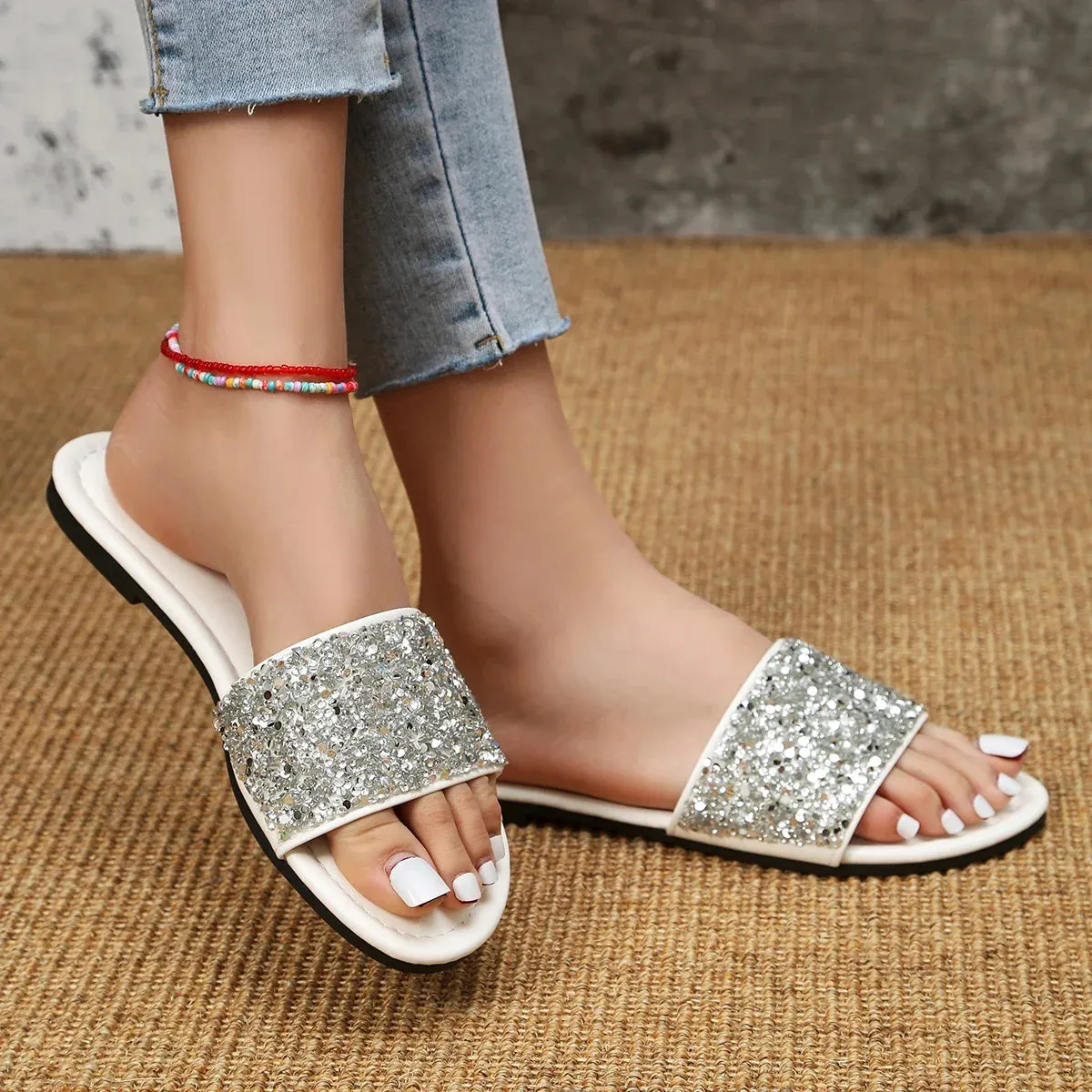 Women's New Round Head Luxury Water Diamond Women's Shoes Anti Slip PU Beach Dress Slippers